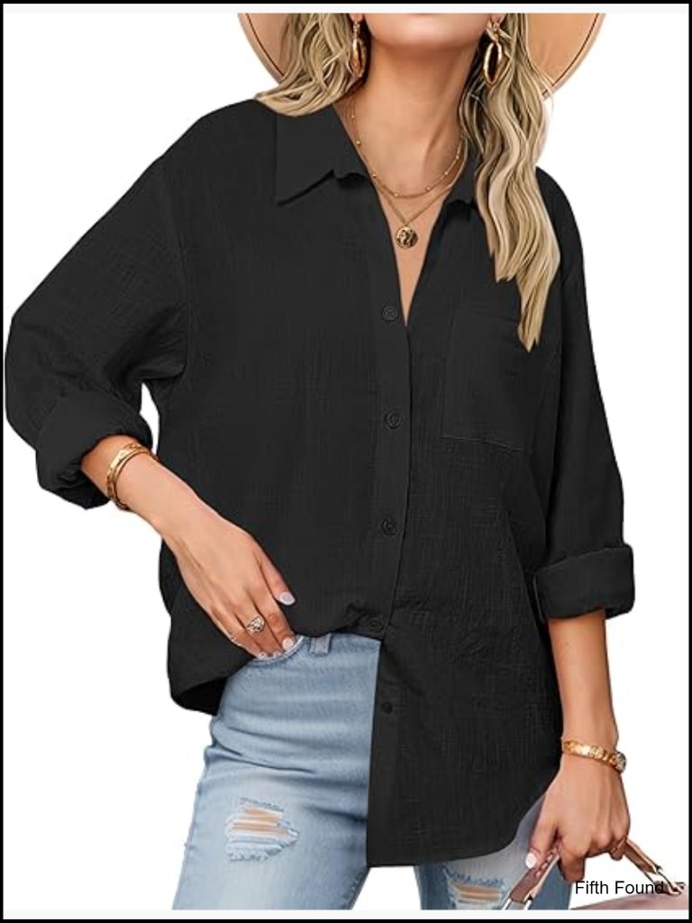 Button Down Cotton Gauze Top Long Sleeve Blouse Loose Fit V-Neck Casual